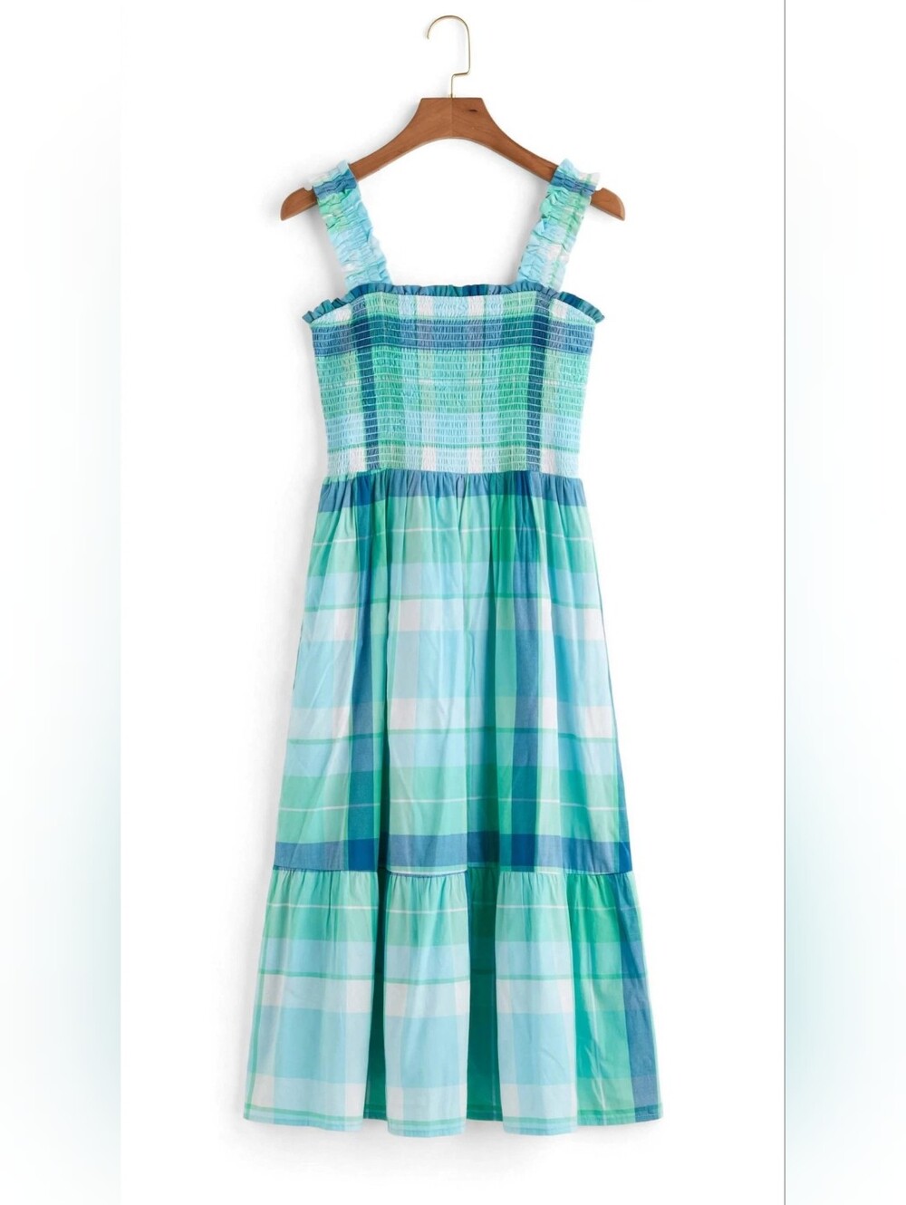 Time and Tru Blue and Green Plaid Smocked Maxi Dress